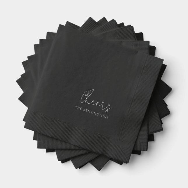 Cheers Personalised Name Script Black Wedding Foil Napkins (Insitu (Stacked))