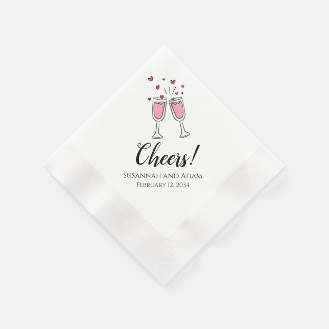 Cheers Personalised Wedding Napkins with Hearts (Corner)