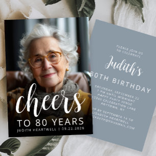 Cheers Photo 80th Birthday Party Dusty Blue Invitation