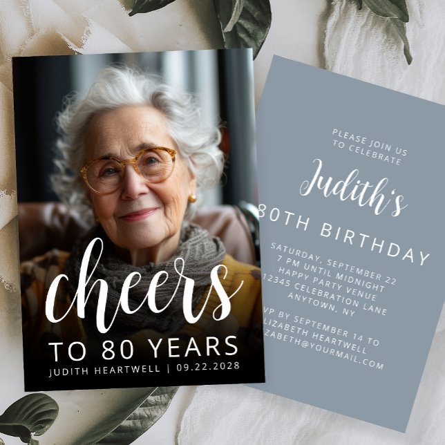 Cheers Photo 80th Birthday Party Dusty Blue Invitation (Creator Uploaded)