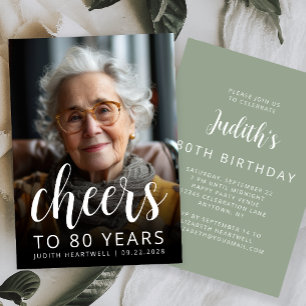 Cheers Photo 80th Birthday Party Sage Green Invitation