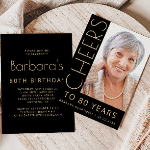 Cheers Photo Black Gold 80th Birthday Party Invitation