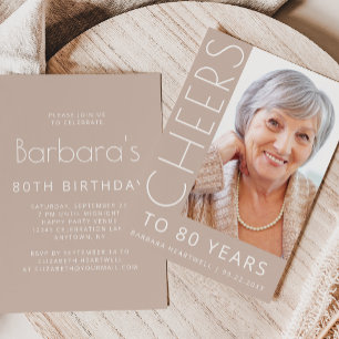 Cheers Photo Typography Beige 80th Birthday Party Invitation