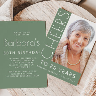 Cheers Photo Typography Sage Green 80th Birthday Invitation