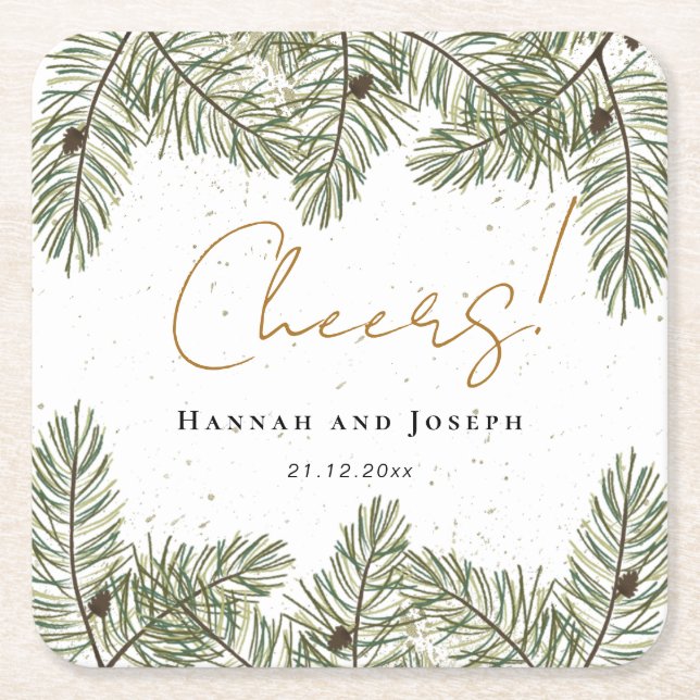 Cheers Pine & Gold Christmas Festive Wedding Square Paper Coaster (Front)