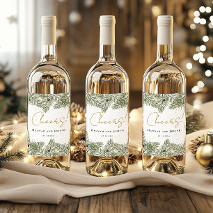 Cheers Pine & Gold Christmas Festive Wedding Wine Label