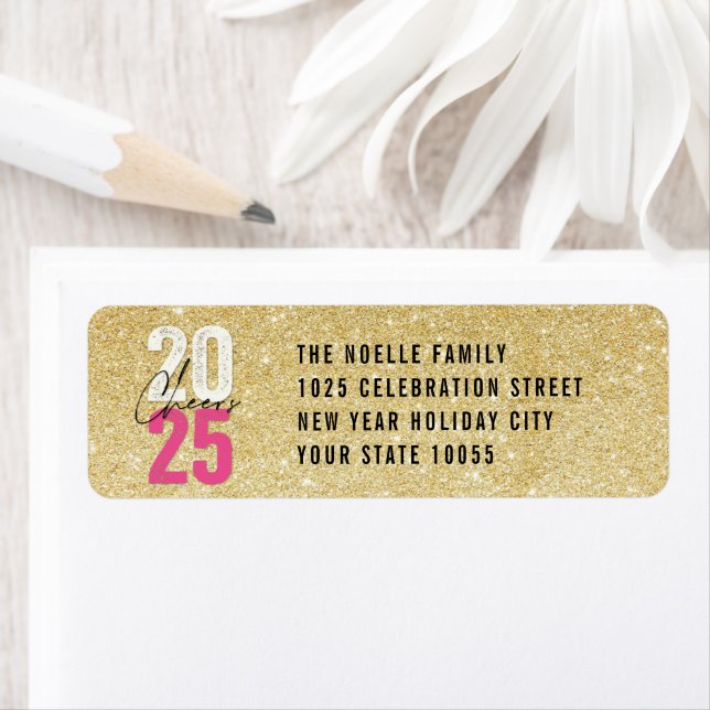 Cheers Pink 2025 Glitter New Year Return Address (Insitu)
