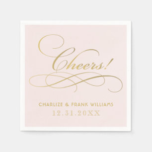Cheers Pink and Gold Calligraphy Custom Wedding Napkin