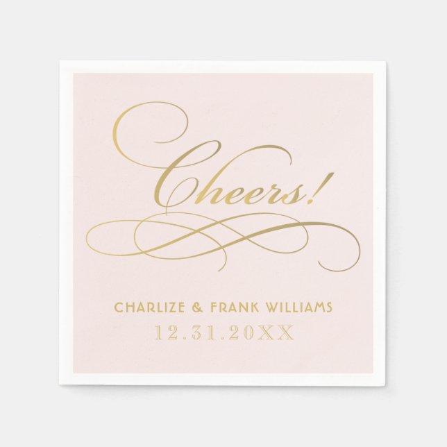Cheers Pink and Gold Calligraphy Custom Wedding Napkin (Front)