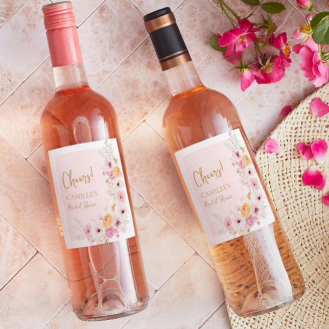Cheers Pink Floral Garden Bridal Shower Wine Label (Pink Floral Bridal Shower Wine Labels)