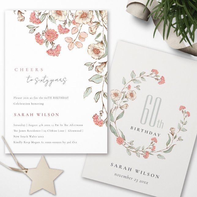 Cheers Pink Flowers Wreath 60th Birthday Invite (Creator Uploaded)