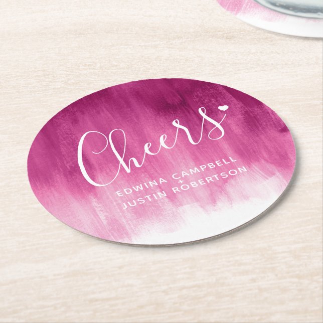 Cheers pink red modern art wash paper coasters (Angled)