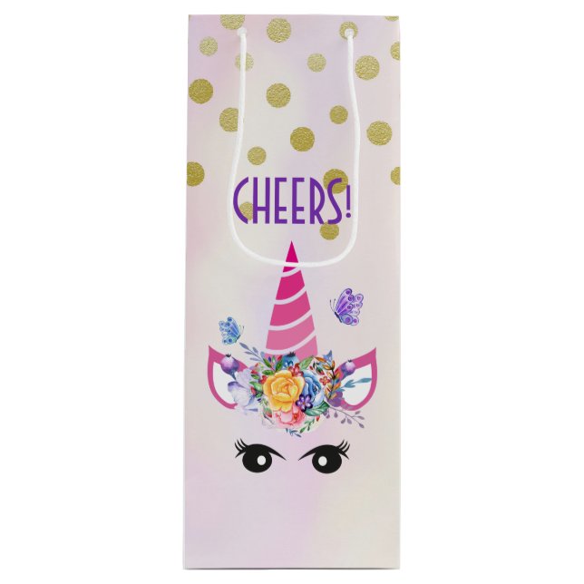 Cheers! Pink Unicorm with Faux Gold Confetti Wine Gift Bag (Front)