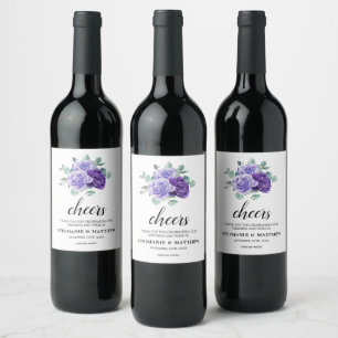 Cheers Purple Blooms Eucalyptus Botanical Wedding Wine Label