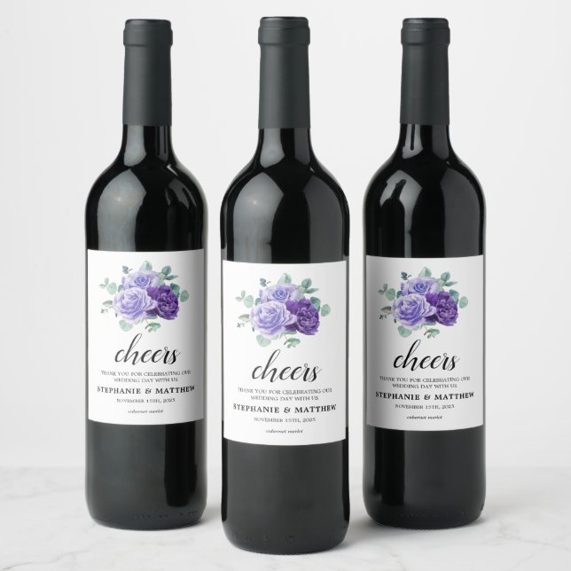 Cheers Purple Blooms Eucalyptus Botanical Wedding Wine Label (Bottles)