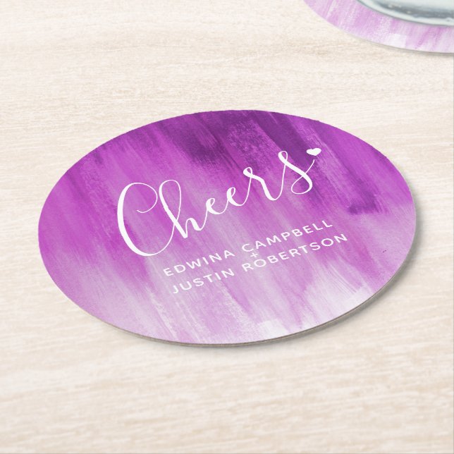 Cheers purple mauve modern art wash paper coasters (Angled)