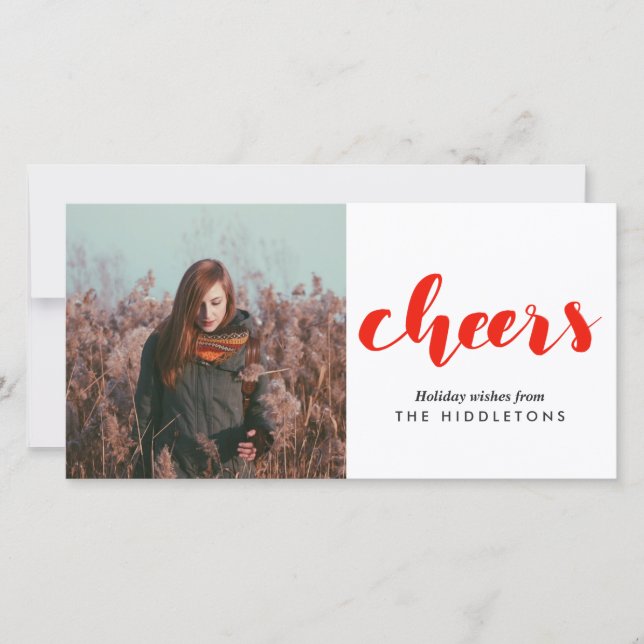 Cheers Red Handwritten Modern Script Holiday Photo Card (Front)