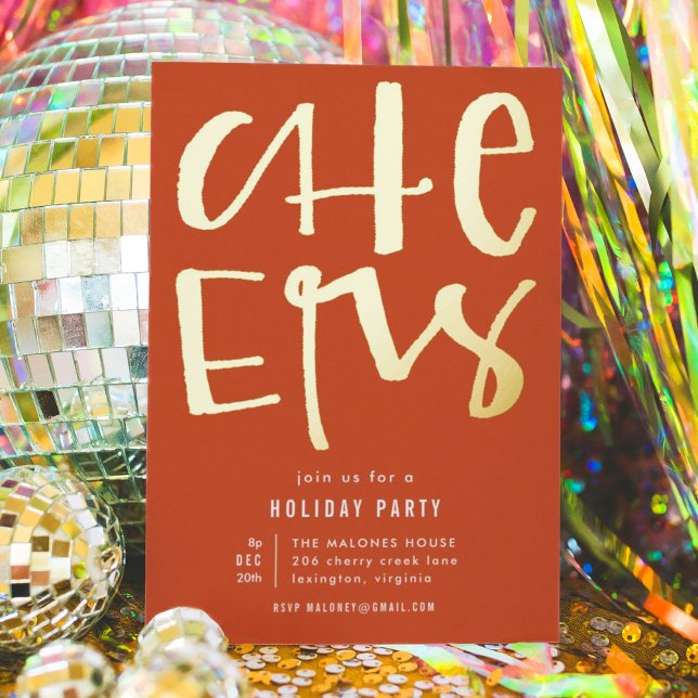 Cheers Red Holiday Party Gold Foil Invitation (Gold foil and hand lettered CHEERS holiday party invitation Christmas card.)