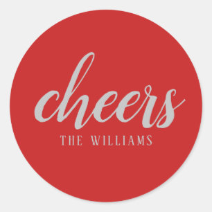 Cheers Red Silver Modern Family Christmas Classic Round Sticker