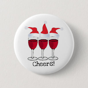 CHEERS! RED WINE AND CHRISTMAS HATS PRINT 6 CM ROUND BADGE