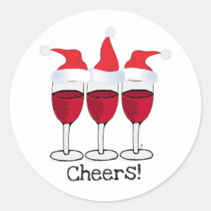 CHEERS! RED WINE AND CHRISTMAS HATS PRINT CLASSIC ROUND STICKER