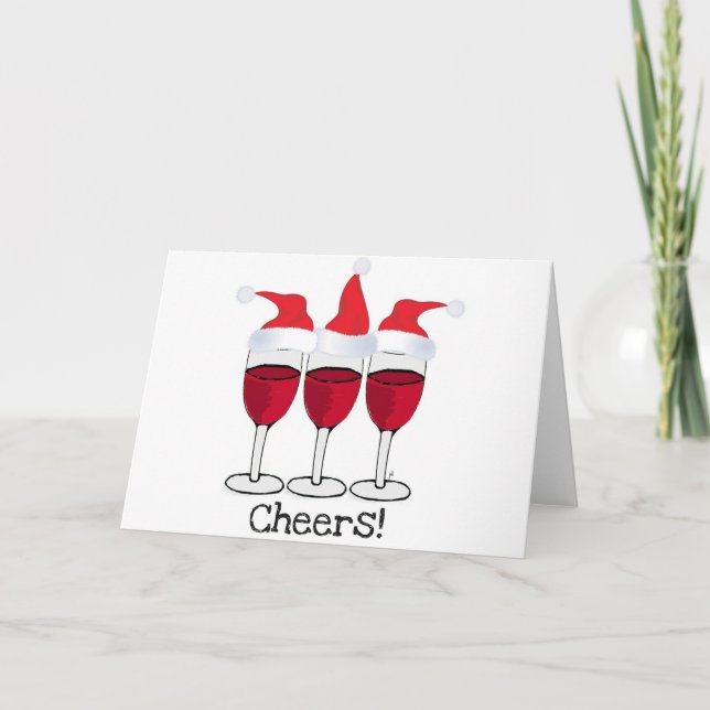 CHEERS! RED WINE AND CHRISTMAS HATS PRINT HOLIDAY CARD (Front)