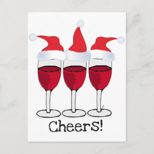 CHEERS! RED WINE AND CHRISTMAS HATS PRINT HOLIDAY POSTCARD