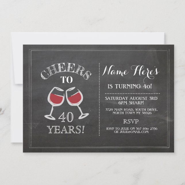 Cheers Red Wine Birthday Drink Chalk Invite (Front)