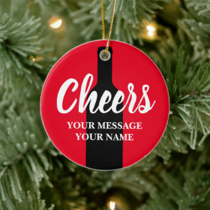 Cheers red wine bottle silhouette Christmas Ceramic Tree Decoration