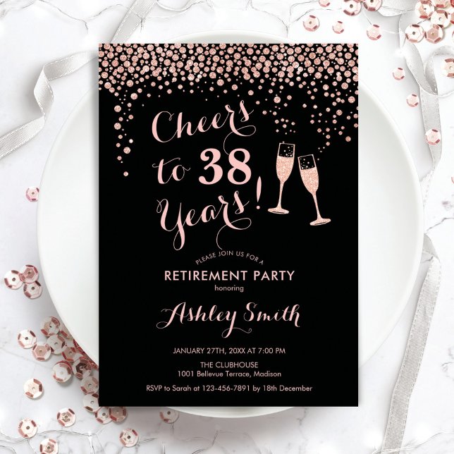 Cheers Retirement Party - Black Rose Gold  Invitation (Creator Uploaded)