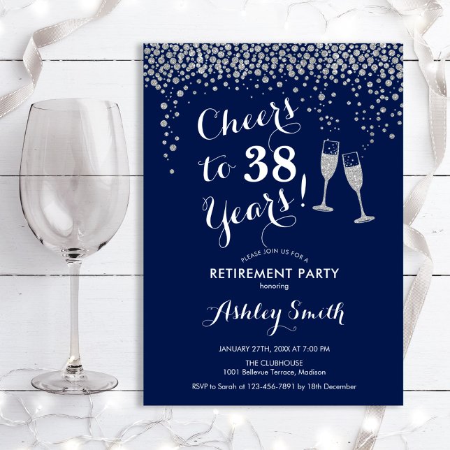 Cheers Retirement Party Invitation Navy Silver (Creator Uploaded)