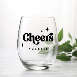 Cheers retro font stars custom name stemless wine glass