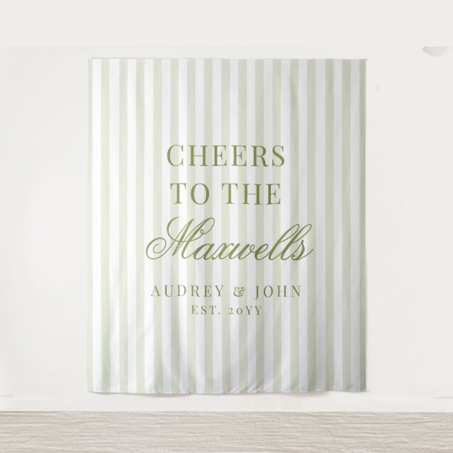 Cheers Retro Green White Stripes Script Wedding Tapestry (Front)