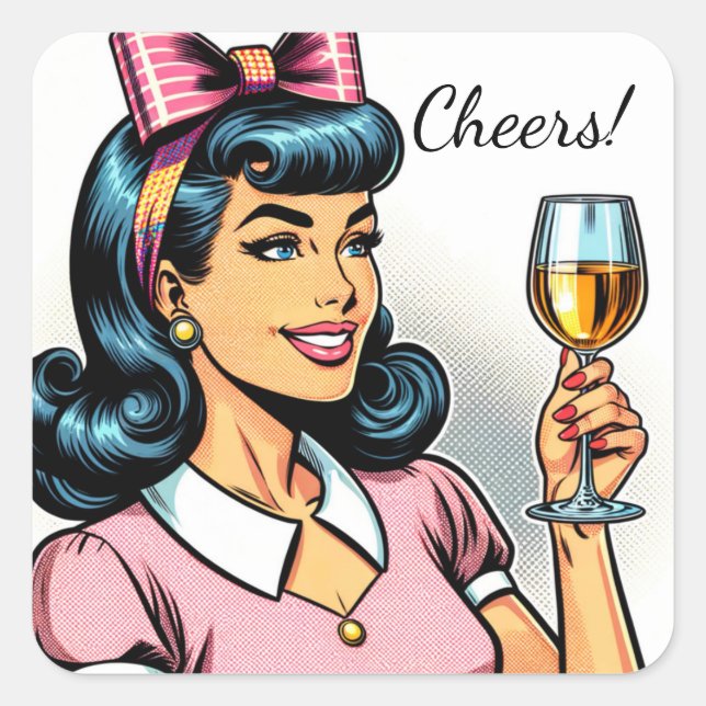 Cheers! Retro Lady with Glass of Wine Square Sticker (Front)