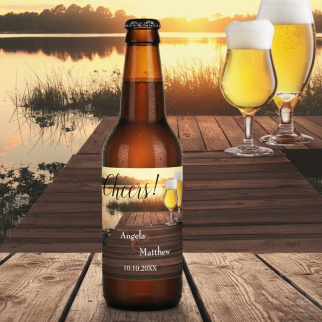 Cheers Romantic Sunset Wedding Beer Label (Beer label featuring two beer glasses on a jetty at sunset. For a wedding or other celebration)