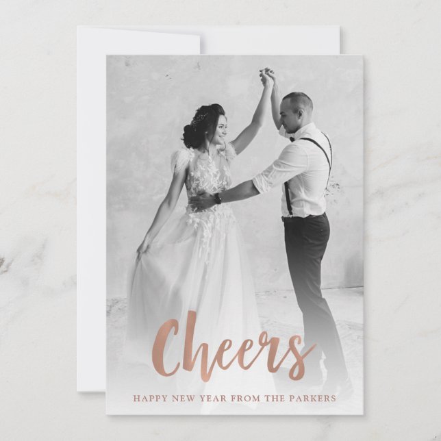 Cheers | Rose Gold Happy New Year Photo Holiday Card (Front)