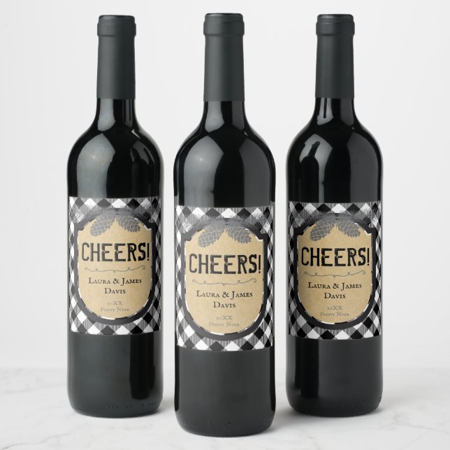 Cheers Rustic Buffalo Plaid Holiday Wine Label (Bottles)