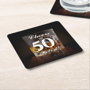 Cheers Rustic Whiskey Rocks Glass Square Paper Coaster