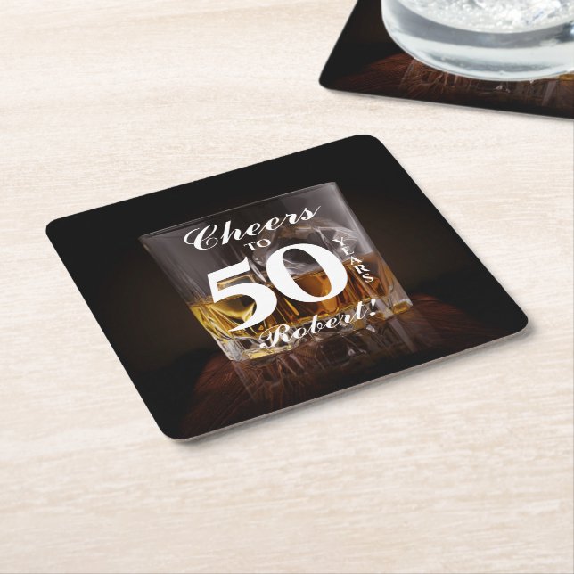 Cheers Rustic Whiskey Rocks Glass Square Paper Coaster (Angled)