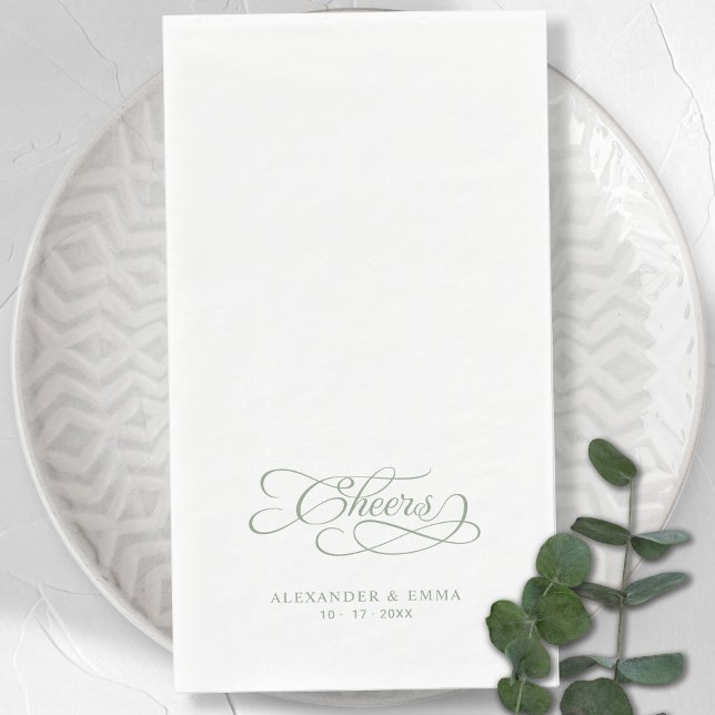  Cheers Sage Green Calligraphy Celebration Napkin (Cheers Elegant Wedding Sage Green Calligraphy Paper Guest Towels)