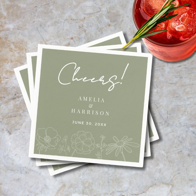 Cheers Sage Green Elegant Floral Line Art Wedding Napkin (Cheers Sage Green Elegant Floral Line Art Wedding Cocktail Napkin with Couple Names, Date.)
