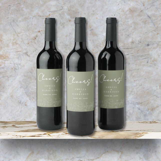 Cheers Sage Green Elegant Floral Wedding Wine Label (Cheers Sage Green Elegant Floral Wedding Wine Bottle Label with Couple Names, Wedding Date.)