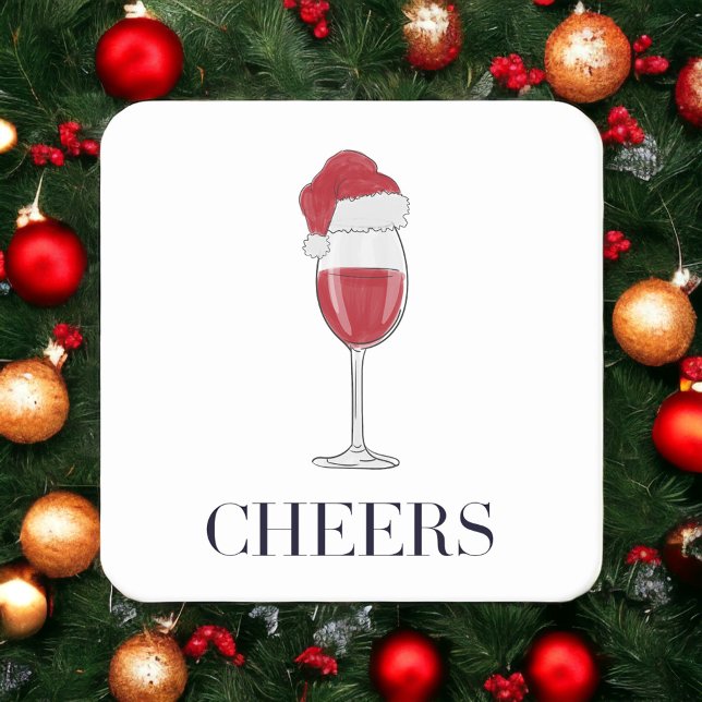 Cheers Santa Hat Wine Holiday Party Square Paper Coaster (Creator Uploaded)