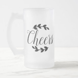 Cheers Script & Black Laurels Frosted Glass Beer Mug