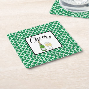 Cheers Script Champagne Glasses Celebration Square Paper Coaster