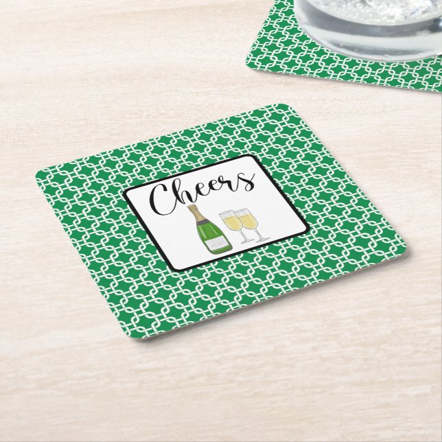 Cheers Script Champagne Glasses Celebration Square Paper Coaster (Angled)