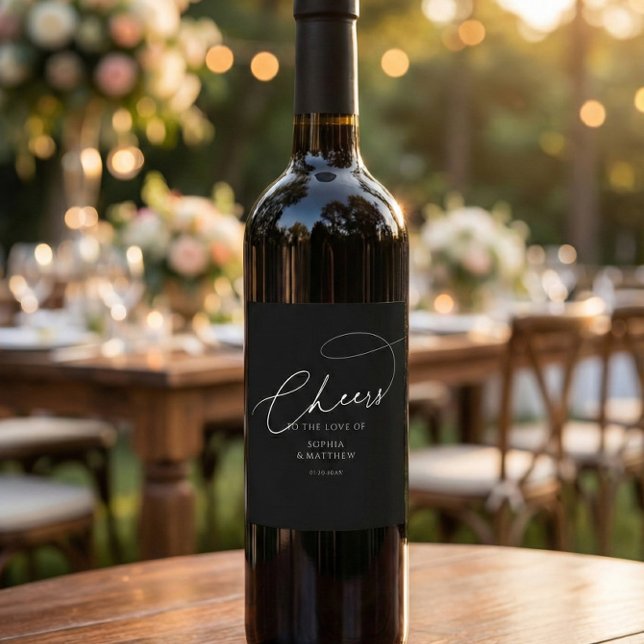 Cheers Script Typography Black Wedding Wine Label (Creator Uploaded)