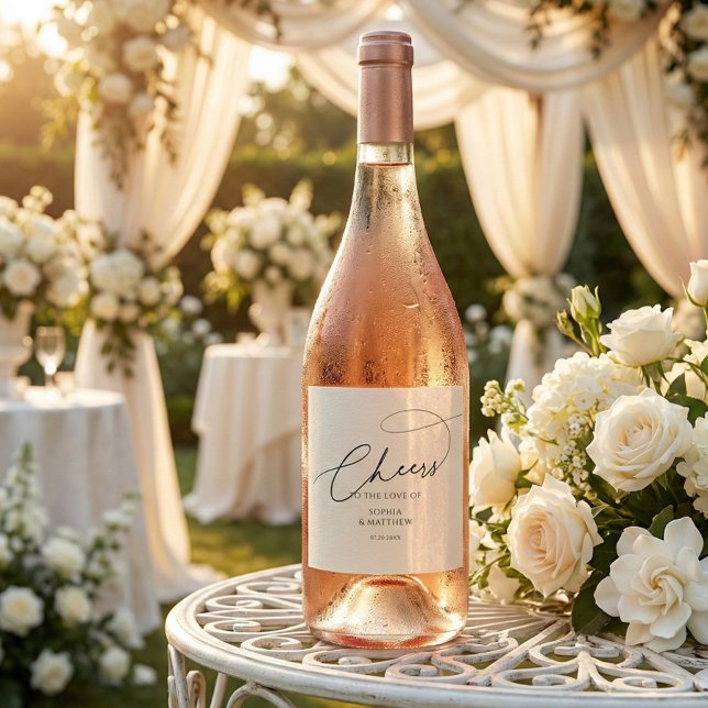 Cheers Script Typography White Wedding Wine Label (Creator Uploaded)