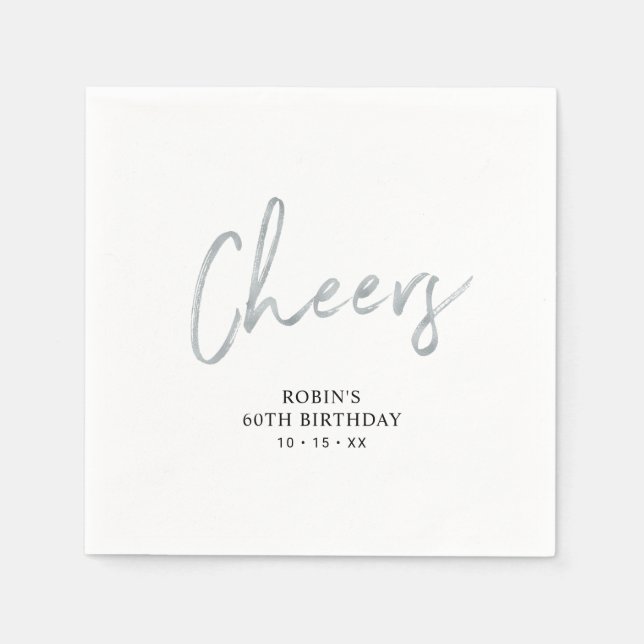 Cheers Silver Brush Script Adult Birthday Party Napkin (Front)