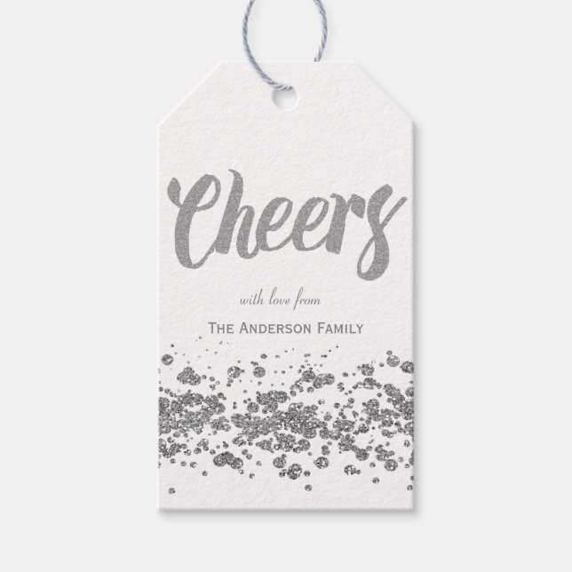 Cheers silver glitter gift tags (Front)